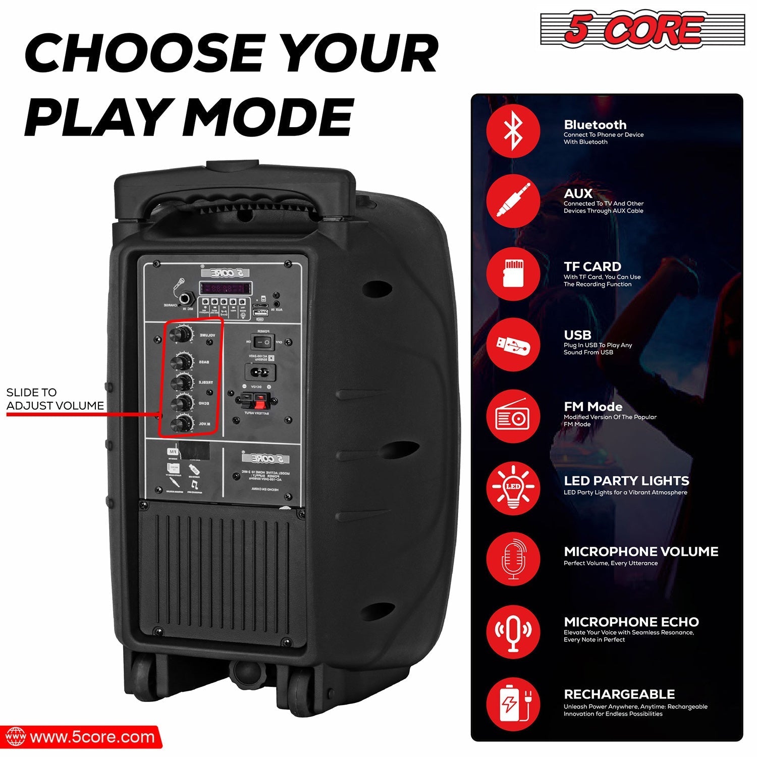 5Core 10 inch PA Portable Bluetooth Party Speaker Karaoke Boombox + 2 Wireless Mics